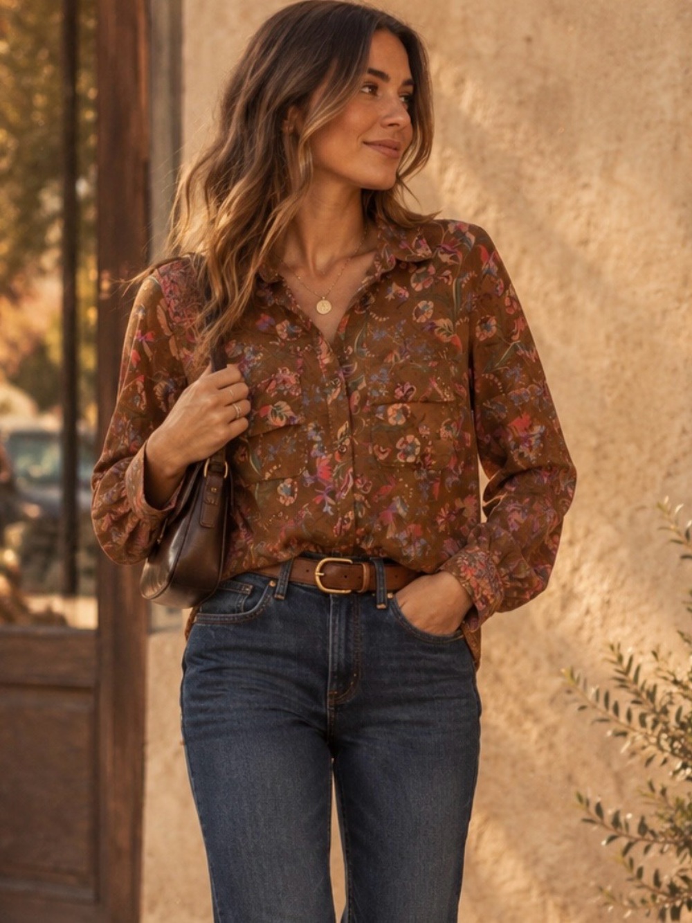 Pilcro Brown Floral Button-Down Shirt with Pink Accents